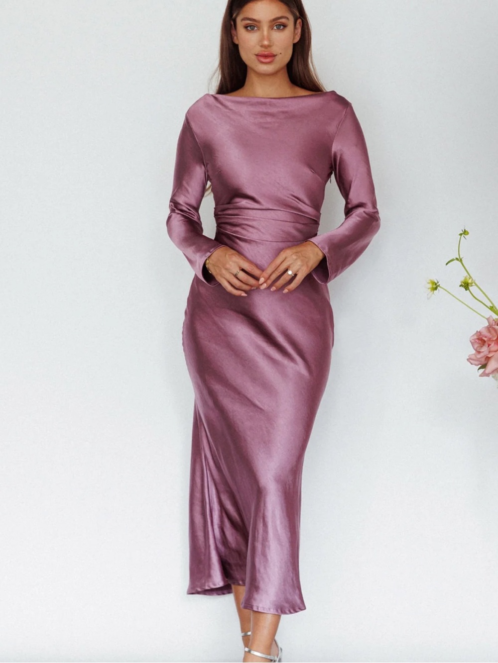 Satin Long-Sleeve Midi Dress in Dusty Rose